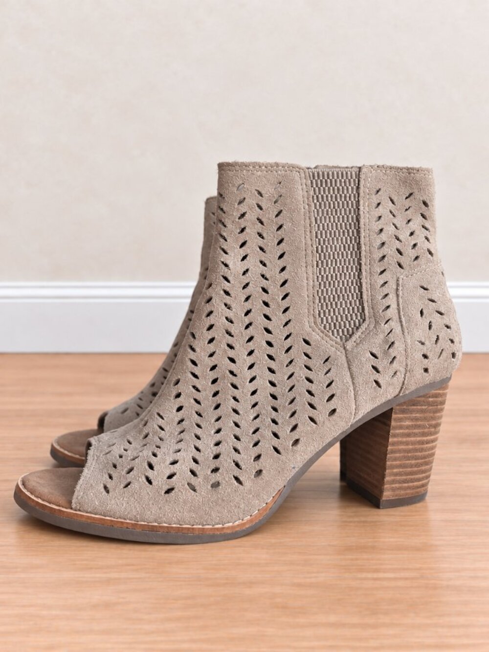 TOMS Majorca Peep-Toe Suede Ankle Boots, Desert Taupe, Size 7.5